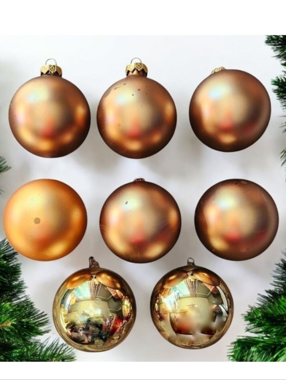 8 Gold Glass Christmas Ornaments Shiny & Matte Finishes 2½ Inches